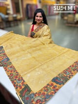 Champagne beige Silk kota and pen kalamkari fusion saree with pita emb