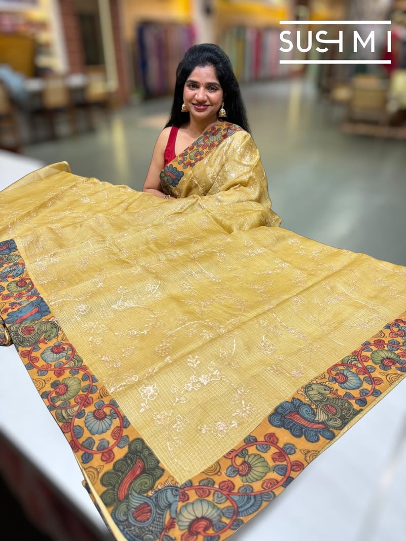 Champagne beige Silk kota and pen kalamkari fusion saree with pita emb