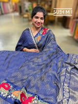 Midnight Blue mysore silk with embroidered border S62F061