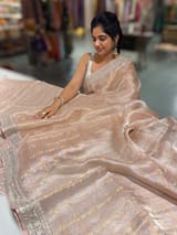 Pale Pink Pure Handloom Tissue checks Saree with sabyasachi borders
