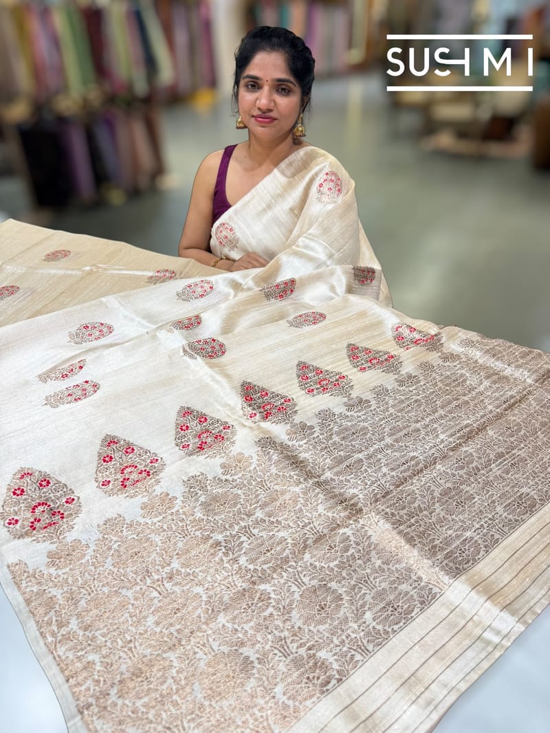 Ivory Banarasi Handloom Dupion Rawsilk Saree : S62F103