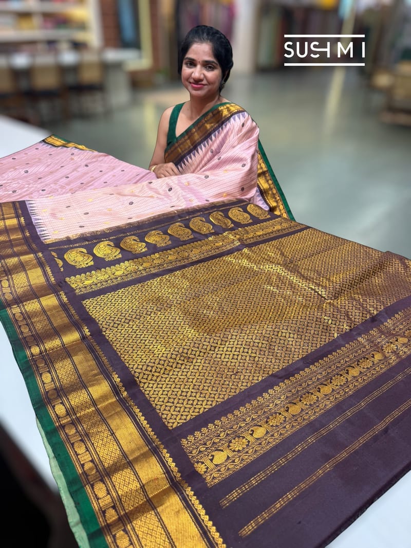 Pastel Pink vintage checks Gadwal Silk Saree : S62F213