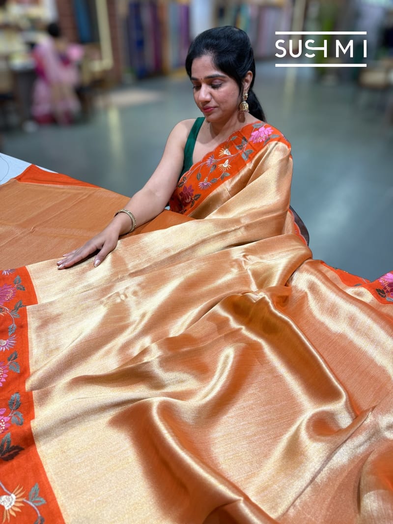 Orange Banarasi Tissue with pythani inspired embroidery