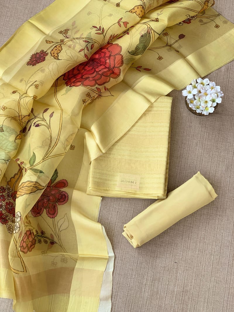 Pastel Yellow Banarasi Chiniya Silk 3-pc Suit set : SS62J08