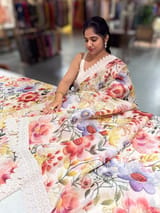 Ivory Organza 3D floral Printed Saree hemlined with crotia lace SS50304