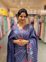 Cobalt Blue pure handloom Tussar Vintage Checks Saree with Jamdani inspired embroidered border SS50467
