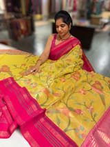 Lemon Yellow Tissue Gorgette Fusion Saree with vidarbha Borders