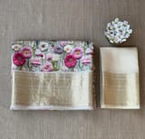 Ivory Pure Handloom Chiniya Silk Saree with stunning Floral Print and zari borders SS5097