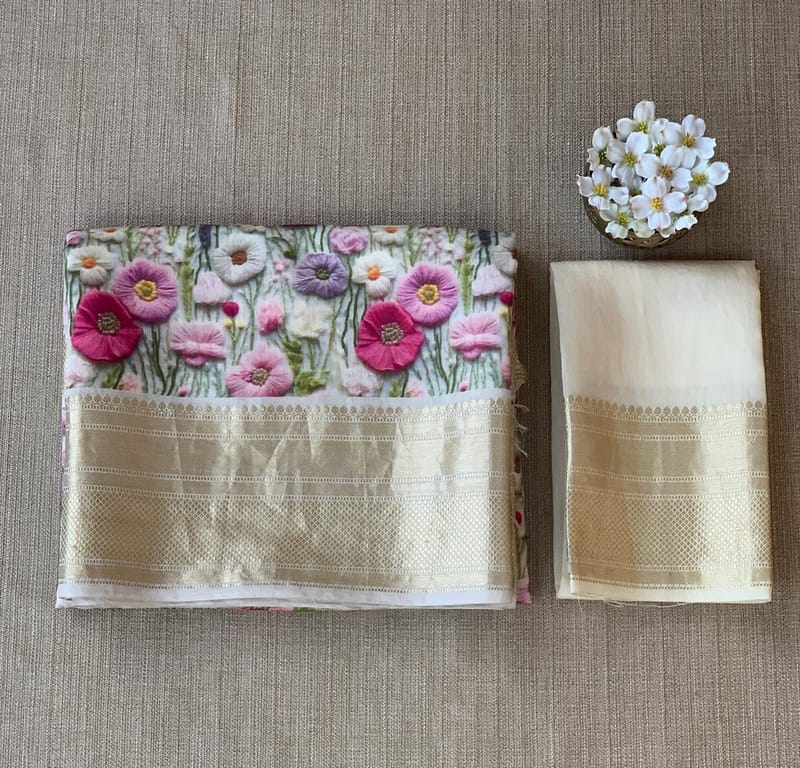 Ivory Pure Handloom Chiniya Silk Saree with stunning Floral Print and zari borders SS5097
