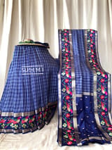 Midnight Blue Vintage checks Kanjeevaram soft silk saree with embroidery D62F040