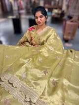 Lime Green Handloom Tissue Saree with Embroidery