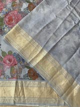 Dusty Blue Pure Handloom Chiniya Silk Saree with stunning Floral Print and zari borders SS50103