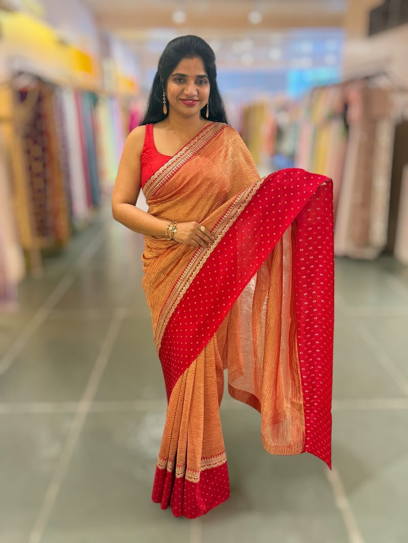 Red Crush Tissue Saree with Bandhini & Sabhya borders SS50399
