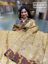 Light mustard Silk kota and pen kalamkari fusion saree with pita emb