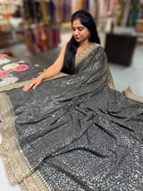 Black Georgette Sequence saree with sabhyasachi borders and printed blouse SS50511
