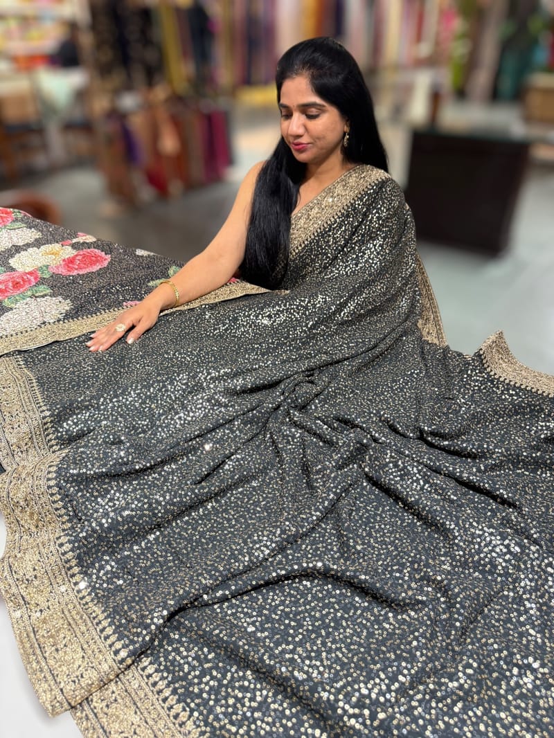 Black Georgette Sequence saree with sabhyasachi borders and printed blouse SS50511