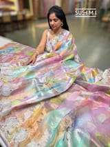 Lilac Printed Organza Tissue stripes saree with embroidery