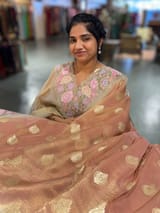 Brownish Peach Banarasi Tissue Gorgette Saree With Petite Point Embroidered Border. SS50435