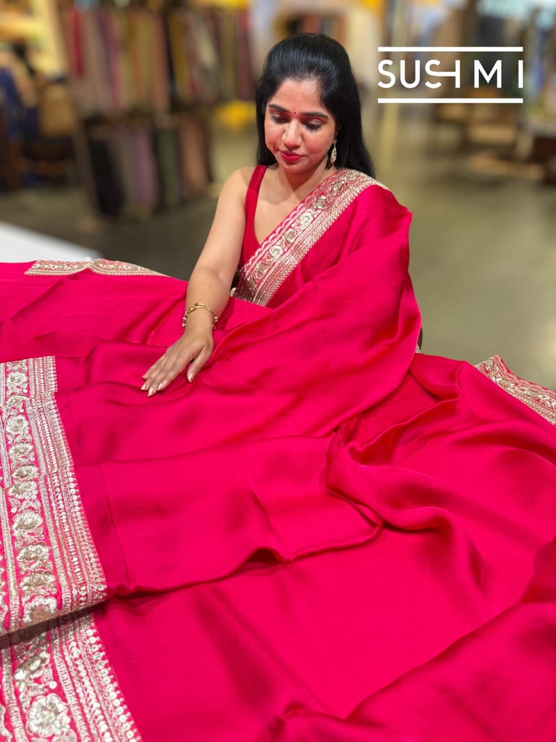 Bright Pink Satin Saree with  sabyasachi borders : D62F044
