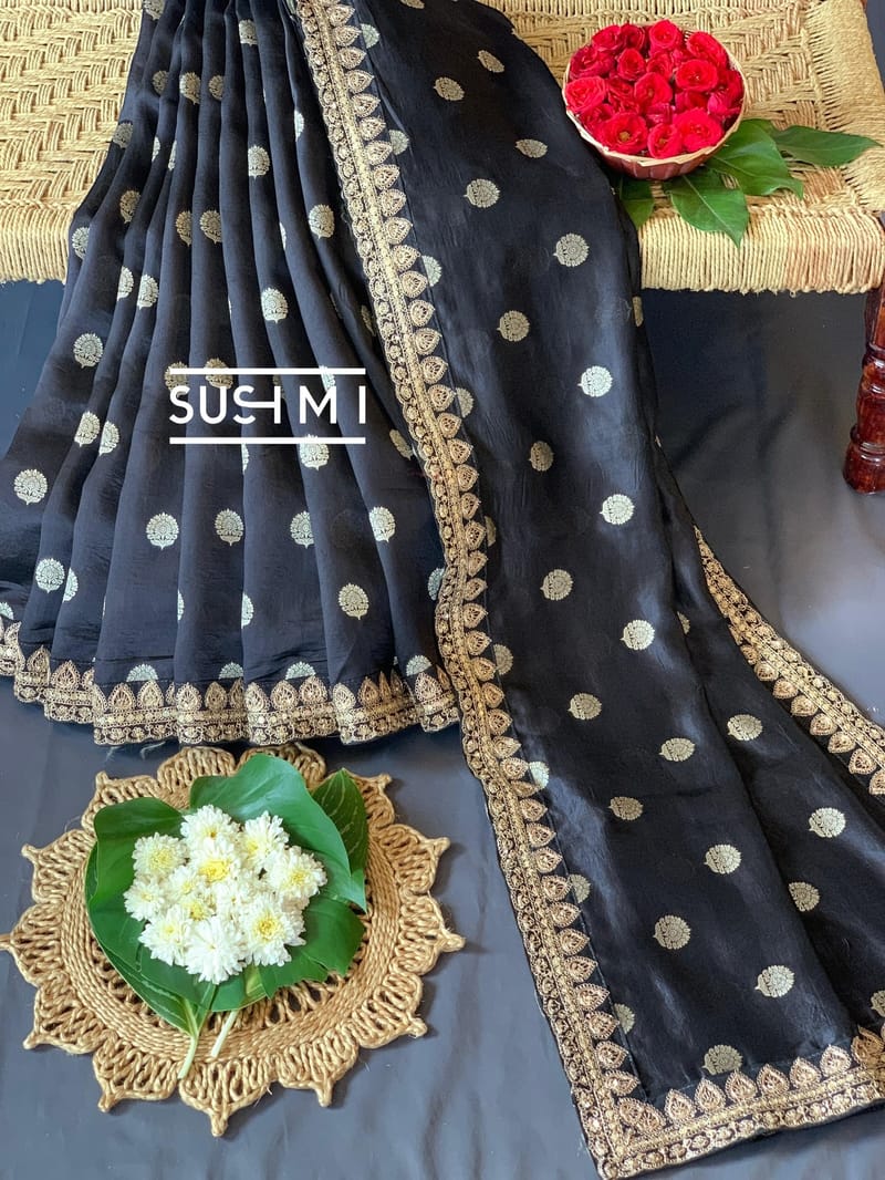 Black Banarasi Silk Saree with Handwork D62F002