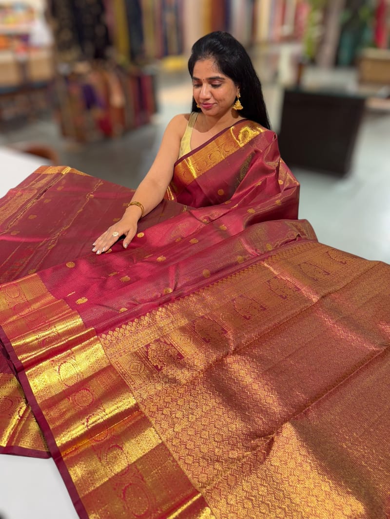 Burgundy Vaira Oosi Checks Vintage Kanjeevaram Saree in monotone look