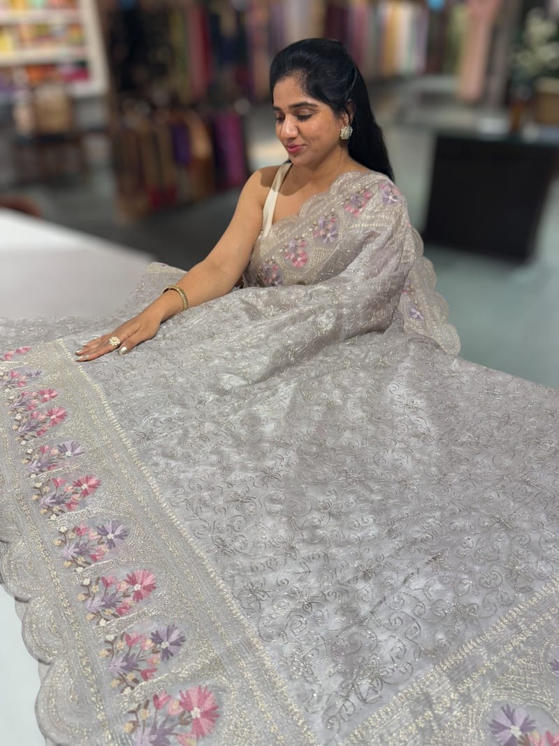 Greyish Silver Glass Organza Saree with allover embroidery SS50547