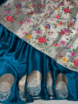Teal Blue Pure Satin Saree with embroidered border and blouse