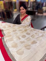 Half white Crepe Silk Polka dot Saree with sabhyasachi Borders & Blouse SS50584