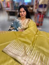 Lime Pure Organza With Temple Embroidered Border & Tussar Printed Blouse SS50297
