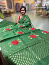 Green Muslin Saree with Pocket Sequins & Hibiscus Embroidery