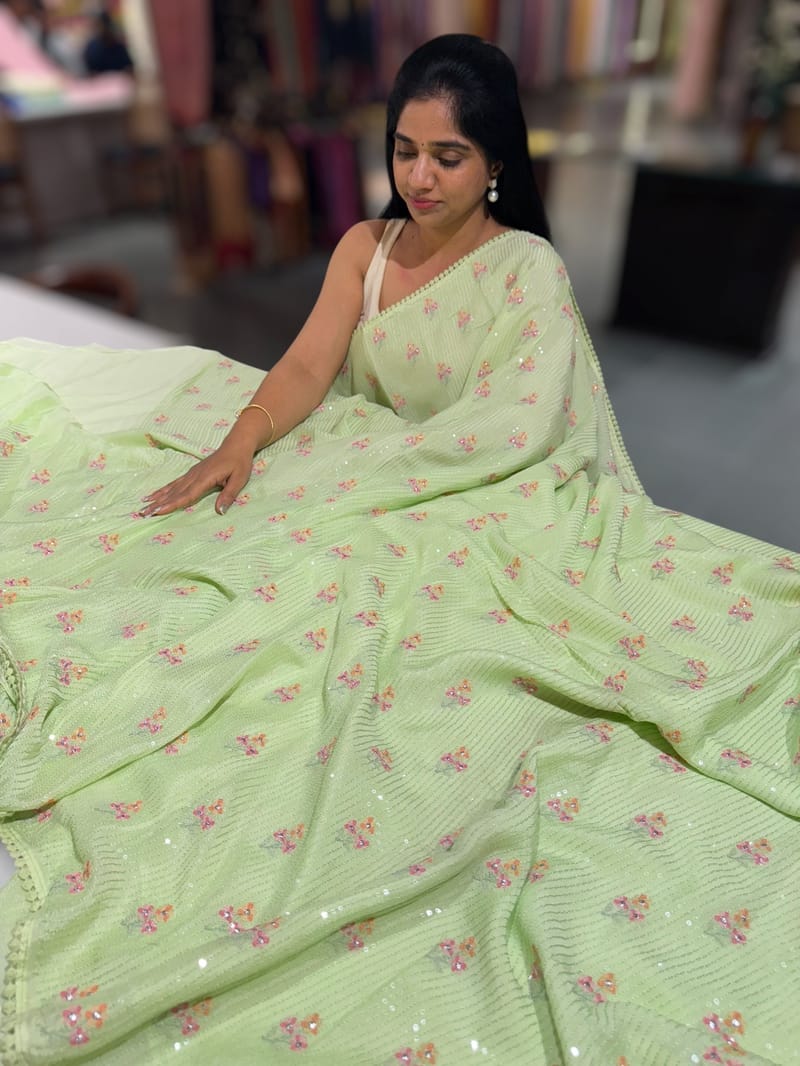 Sea Green chiffon saree with embroidery SS50519
