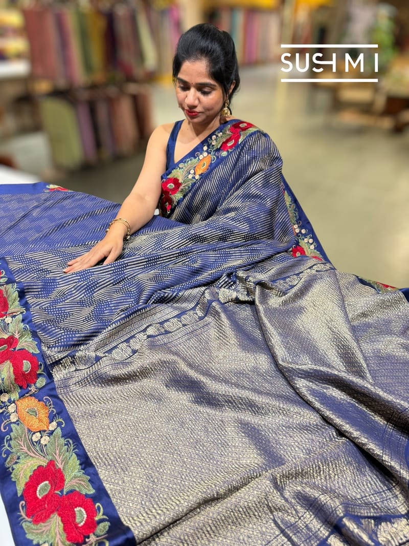 Midnight Blue mysore silk with embroidered border S62F061