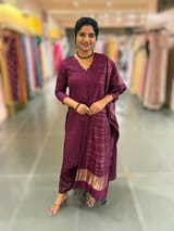 Wine Banarasi Handloom Chiniya Silk 3-pc Suit Set SS50590
