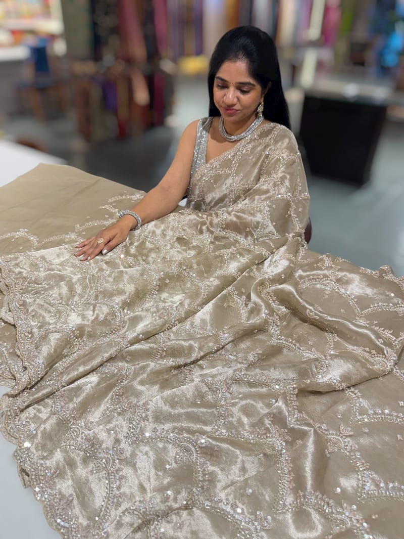 Nude tissue saree with heavy allover intricate handwork SS50243