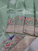Mint Organza Banarasi Fusion Saree with Bird Appliqué