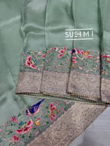 Mint Organza Banarasi Fusion Saree with Bird Appliqué