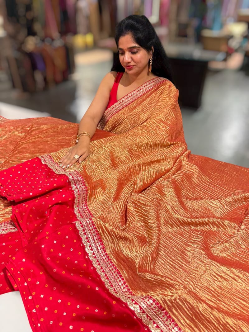 Red Crush Tissue Saree with Bandhini & Sabhya borders SS50398