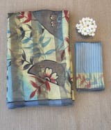 Mul silk tissue stripes handloom saree with handpainting