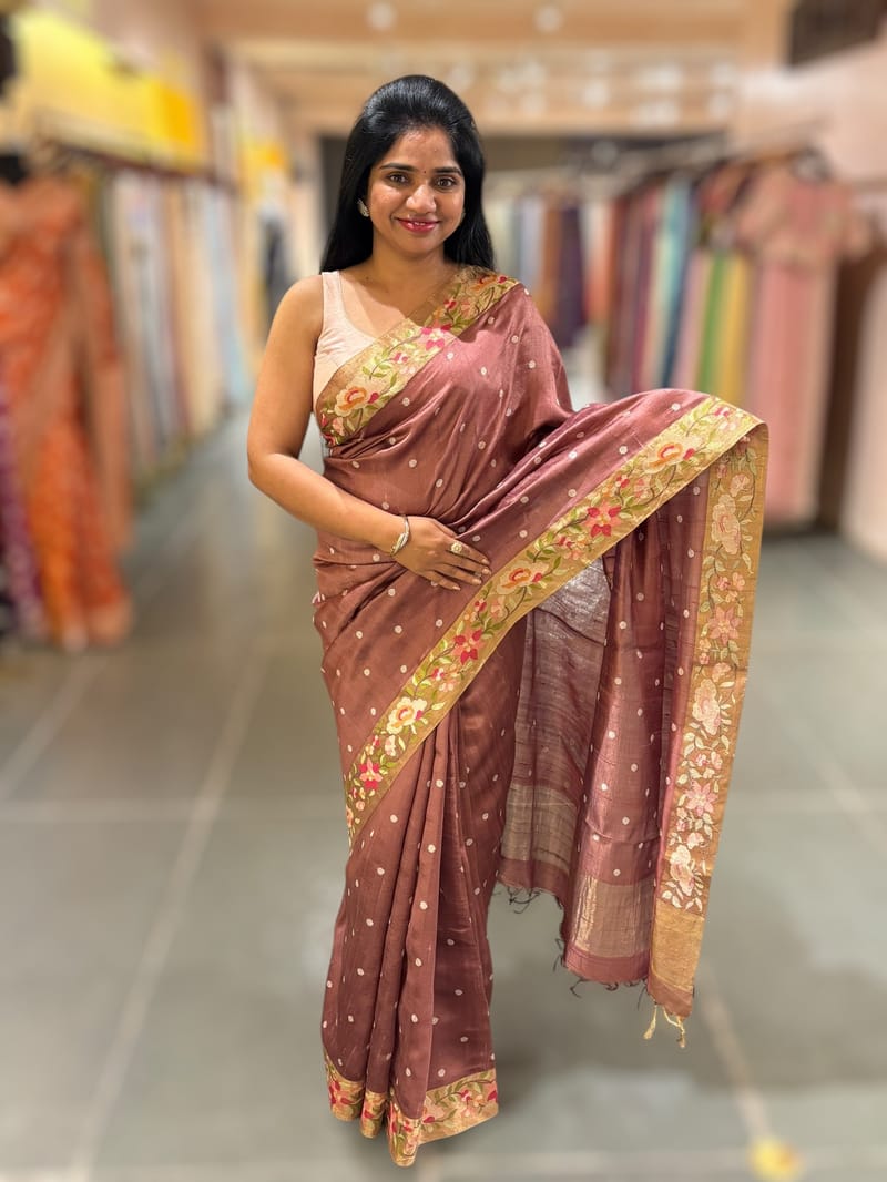English Brown Raw Silk Saree with Embroidery SS50499