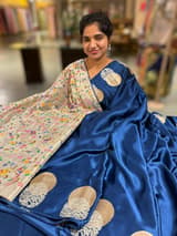 Peacock Blue Pure Satin Saree with embroidered border and blouse SS5023