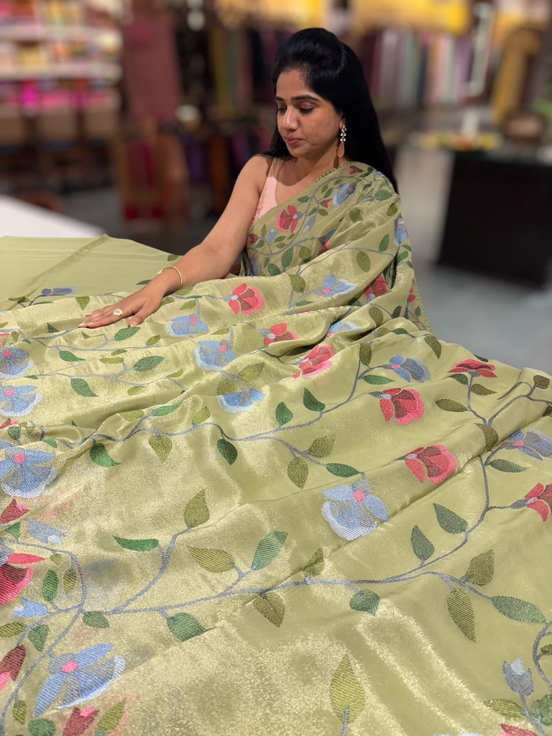 Light Sage Green Tissue georgette saree with embroidery