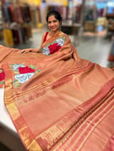 Rust Tussar Brocade Saree With Statement Red Rose Embroidery. SS50470