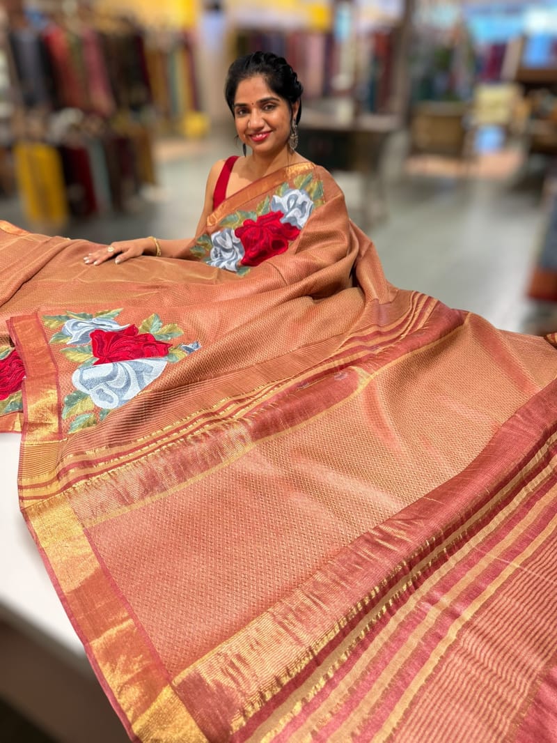 Rust Tussar Brocade Saree With Statement Red Rose Embroidery. SS50470
