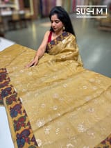 Light mustard Silk kota and pen kalamkari fusion saree with pita emb