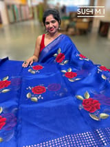 Royal Blue Muslin Saree with Pocket Sequins & Hibiscus Embroidery