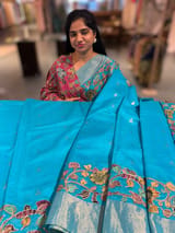 Copper sulphate chanderi silk saree with kalamkari applique border SS50531