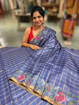 Cobalt Blue pure handloom Tussar Vintage Checks Saree with Jamdani inspired embroidered border SS50467