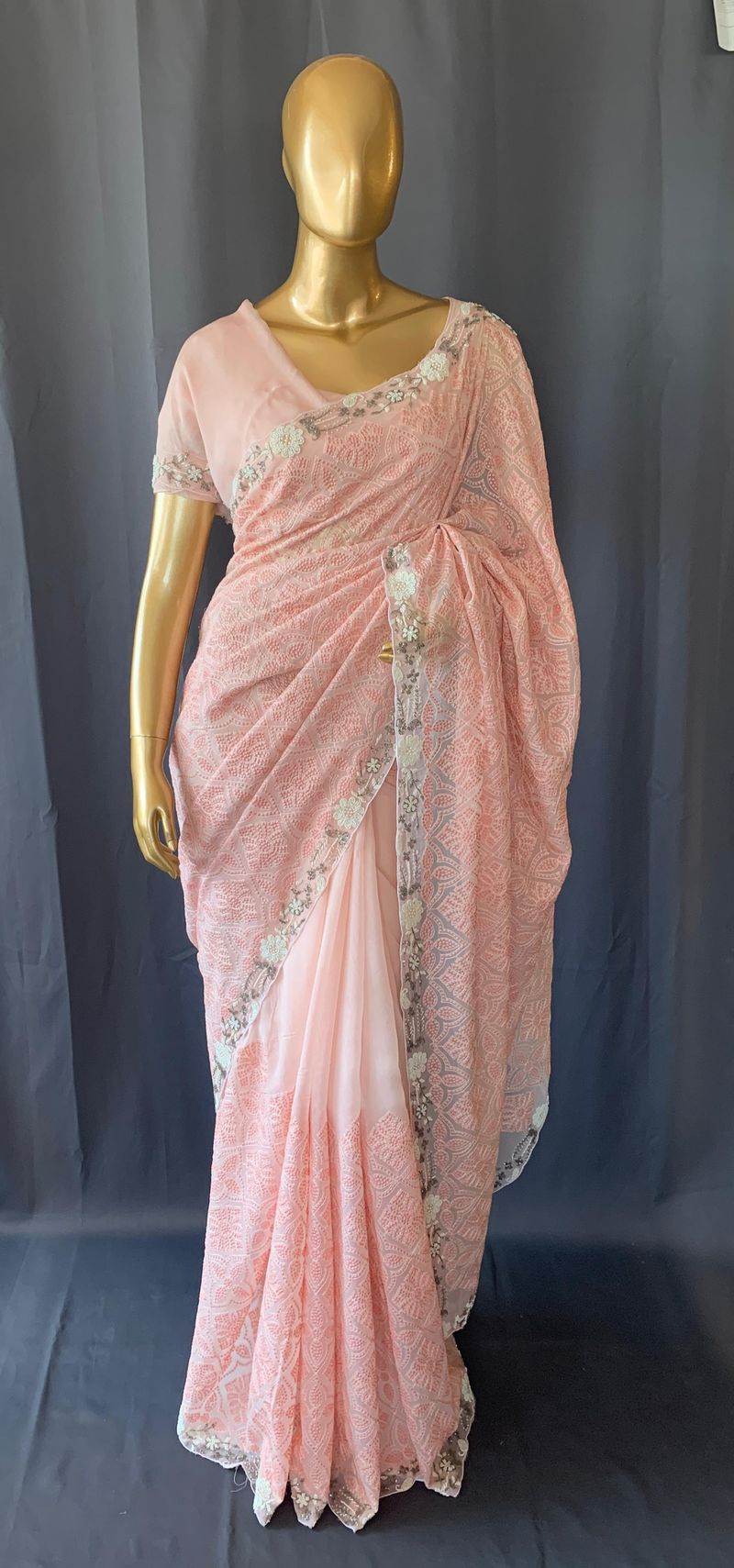 Peach Georgette saree with allover chikankari