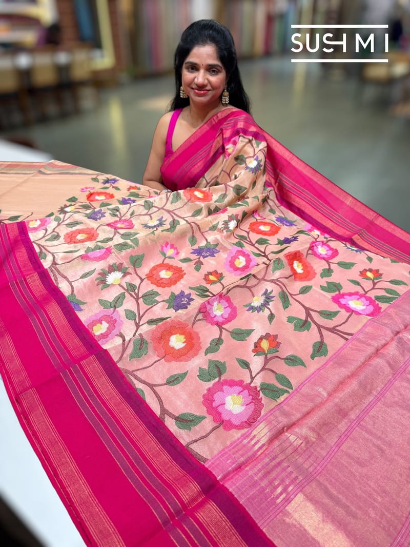 Nude Pink Tissue Gorgette Fusion Saree with vidarbha Borders SS50227