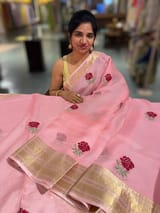 Peach Pink Silk Kota Saree with embroidery